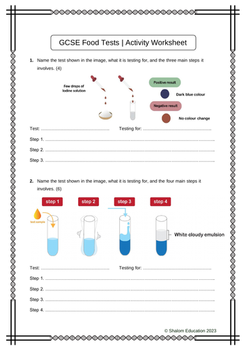 GCSE Biology - Food Tests Activity Worksheet