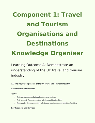 BTEC Tech 2022 Travel and Tourism Component 1 Learning Outcome A Knowledge Organiser