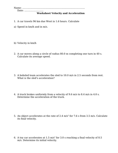 Velocity and Acceleration Worksheet