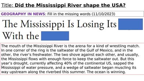 KS3 the USA: the Mississippi River and its input into US's economy