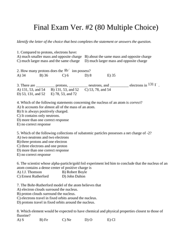 GRADE 9 SCIENCE FINAL EXAM 80 Multiple Choice WITH ANSWER Science Examination #2