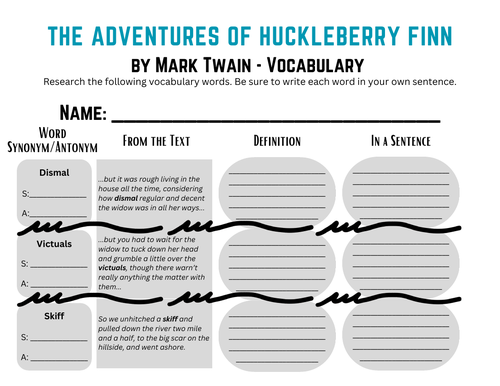 Huckleberry Finn Vocabulary Packet