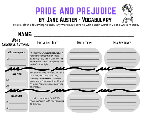 Pride and Prejudice by Jane Austen Vocabulary Packet