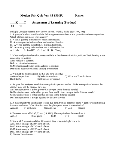 MOTION KINEMATICS QUIZ WITH ANSWERS Acceleration, Velocity, Vectors, V=D/T #17