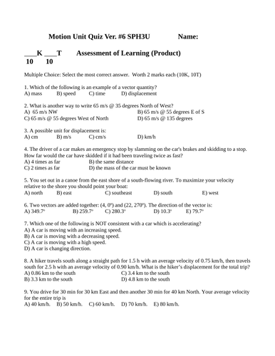 V=D/T CONSTANT VELOCITY ACCELERATION QUIZ Multiple Choice Physics Quiz WITH ANSWERS SPH3U #18