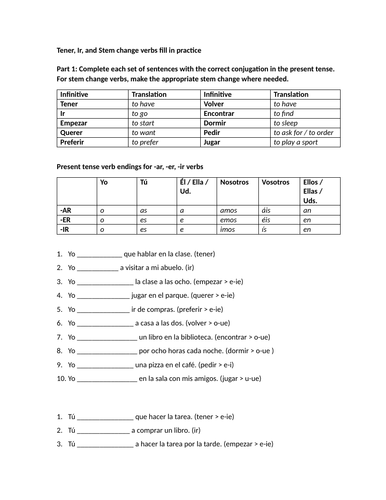 Tener, Ir, and stem change verbs fill in practice