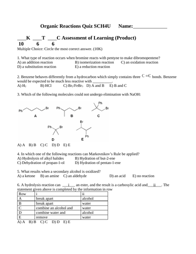 ORGANIC REACTIONS CHEMISTRY QUIZ Addition Condensation Reduction WITH ANSWERS #11