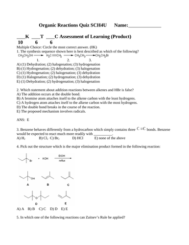 ORGANIC MOLECULES REACTION QUIZ Elimination Substitution Oxidation WITH ANSWERS #12