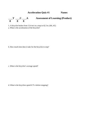 PHYSICS ACCELERATION QUIZ WITH ANSWERS Linear Acceleration UALM Projectiles #13