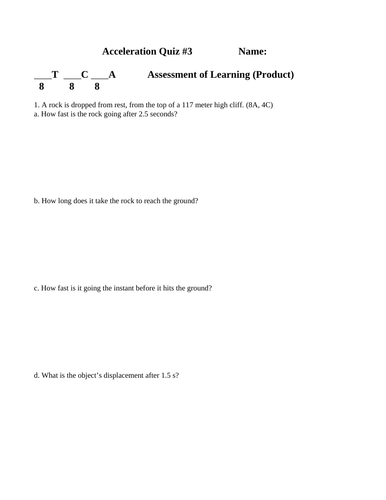 KINEMATIC EQUATIONS QUIZ WITH ANSWERS Acceleration, Projectiles Motion SPH3U #15