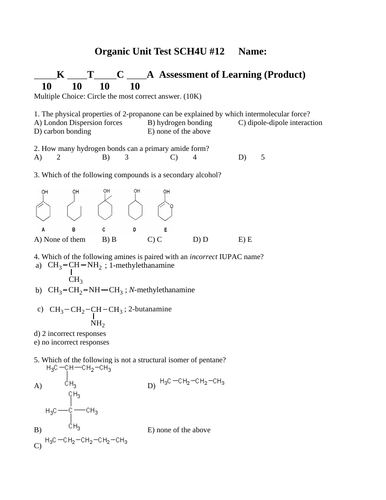 SCH4U TEST ORGANIC CHEMISTRY WITH ANSWERS Reactions Naming Isomers Polymers #12