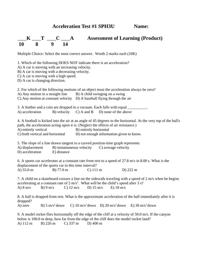 KINEMATIC EQUATIONS TEST WITH ANSWERS Acceleration, Motion Projectiles SPH3U #13