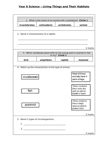 Living Things and Their Habitats Assessment - Year 6
