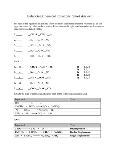 BALANCING CHEMICAL EQUATIONS & TYPE OF REACTION Short Answer Grade 11 Chemistry WITH ANSWERS (10PG)