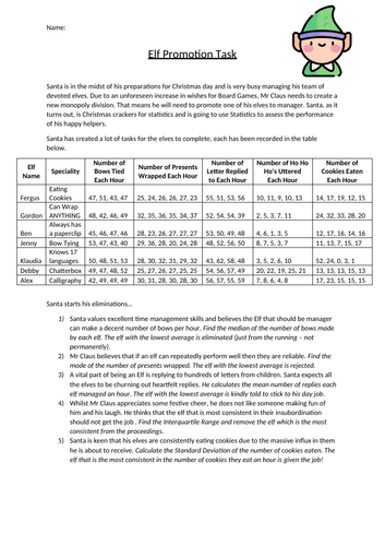 N5 Statistics Elf Promotion Worksheet