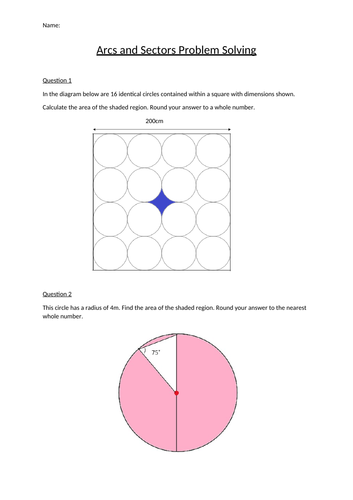 Arcs and Sectors Problem Solving Worksheet