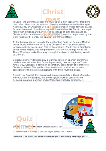 Spain Spanish Christmas Reading and Quiz