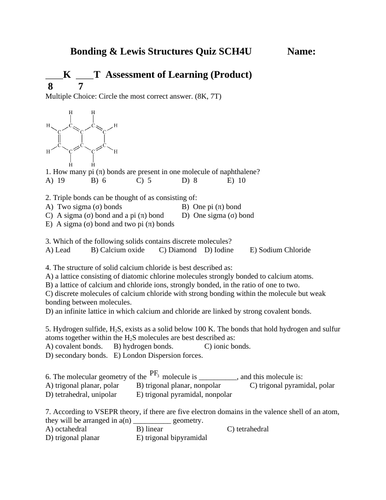 LEWIS STRUCTURES AND BONDING QUIZ Resonance, Hybridization, Sigma & Pi Bonds WITH ANSWERS #11
