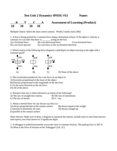 TEST FORCES Dynamics Physic Test Grade 11 Physics Forces Unit Test WITH ANSWERS #13