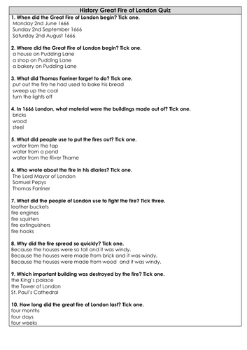 History Great Fire of London Quiz