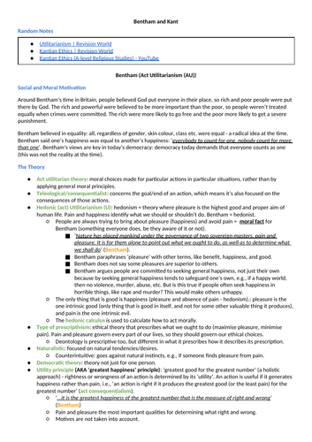 AQA AL RS - Bentham and Kant Notes