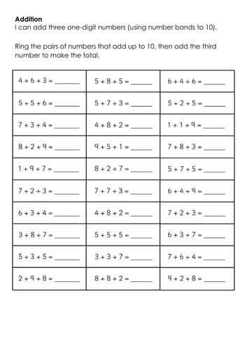 Addition to add three one-digit numbers (using number bonds to 10).