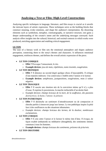 Analysing a Text or Film: A Level A* Constructions & Sentence Starters in French