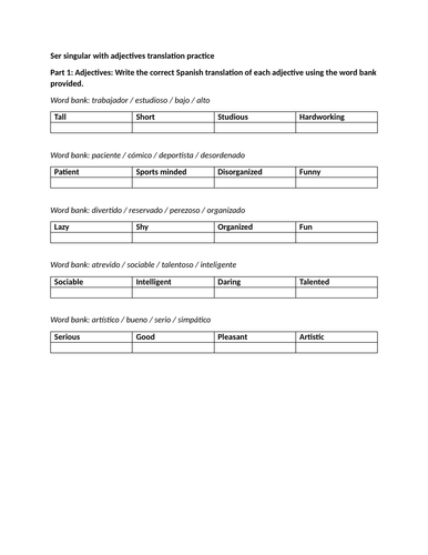 Ser singular with adjectives translation practice