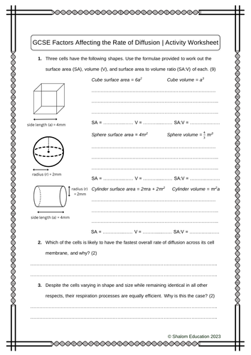 GCSE Biology - Factors Affecting the Rate of Diffusion Activity Worksheet