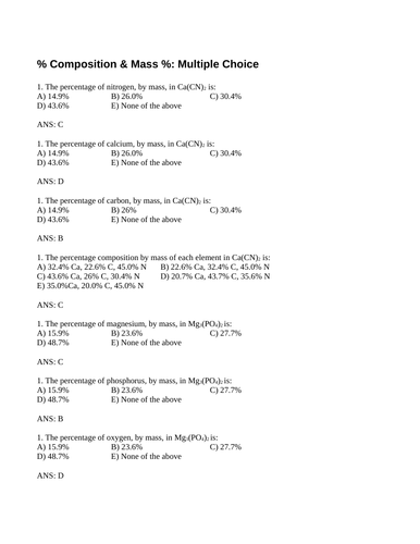 MASS % and PERCENT COMPOSITION Multiple Choice Grade 11 Chemistry WITH ANSWERS 12PG