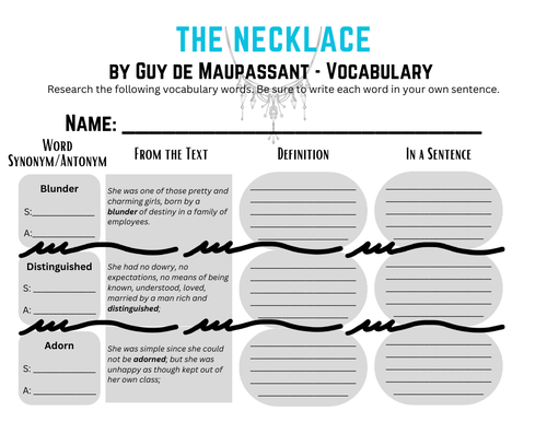 The Necklace by Guy de Maupassant Vocabulary Packet