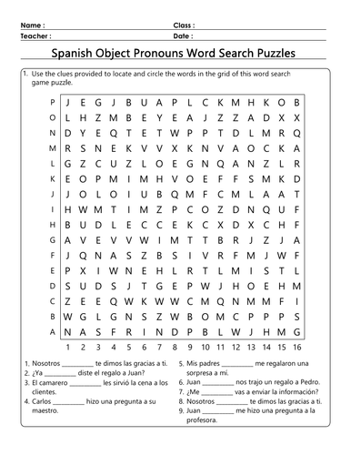 Spanish Direct Object Pronoun Word Search Huge Extensive 8 Puzzles No Prep