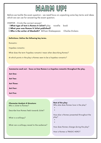 Romeo and Juliet Exam Practice: Romeo - Hopeless Romantic