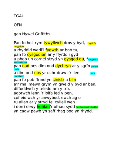 CBAC TGAU Llenyddiaeth Gymraeg: nodiadau adolygu ar "Ofn" gan Hywel Griffiths