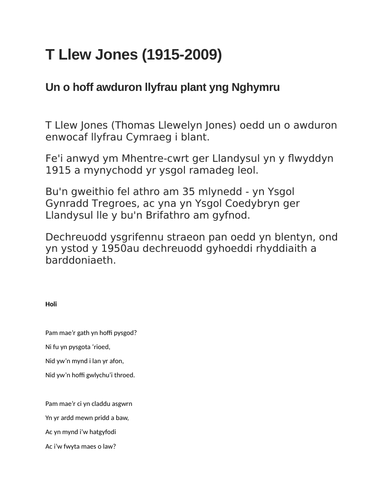 Home Schooling CYMRAEG - looking at the poetry of T. LLEW JONES