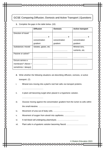 GCSE Biology - Comparing Diffusion, Osmosis and Active Transport Practice Questions