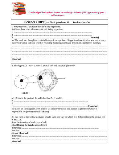 Cambridge Checkpoint ( Lower secondary) -Science(0893) - paper 1   with answers- Set 1