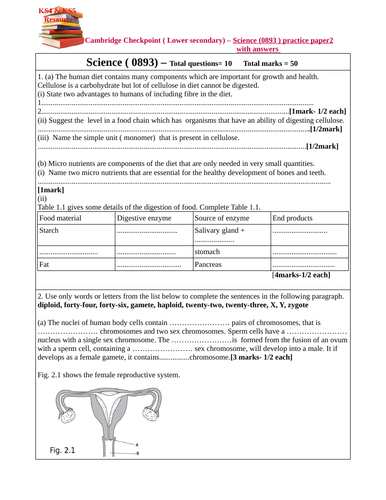 Cambridge Checkpoint ( Lower secondary) -Science (0893)- paper 2  with answers.-set 1