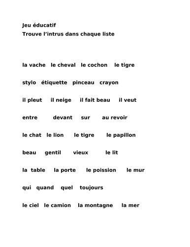 Home School French Language Game "trouve l'intrus" - find the 'odd one out'