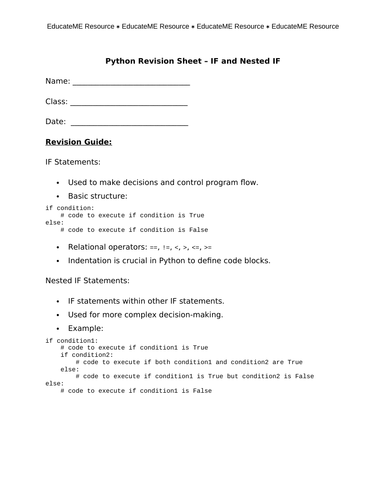 Python Revision Sheet - IF and Nested IF | Teaching Resources