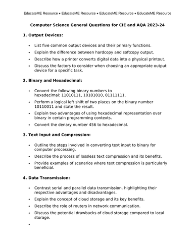 Computer Science General Questions for CIE and AQA 2023