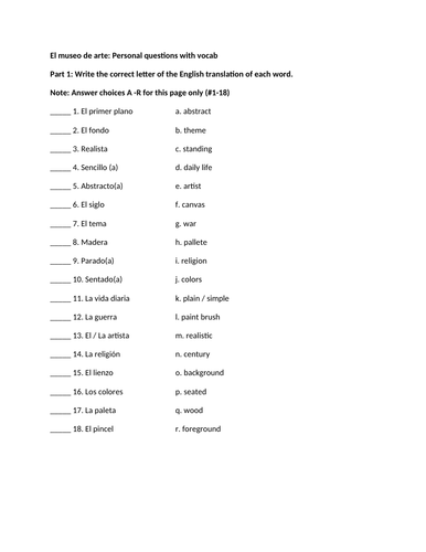 Art museum personal questions with vocab