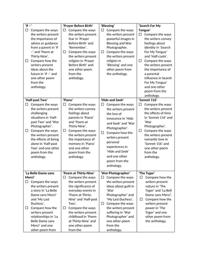 iGCSE English Literature poetry comparison grid; teaching resource