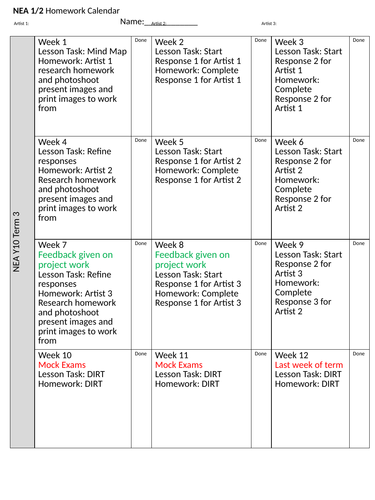 Art Exam NEA and ESA lesson and homework diary/timetable plan to share with students