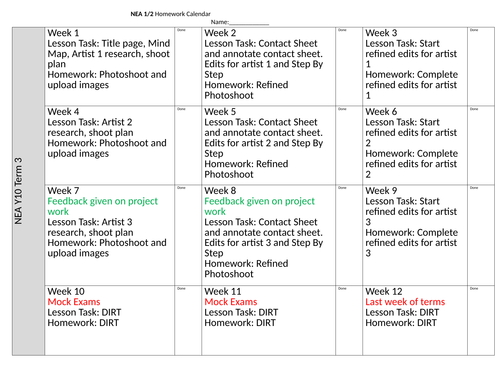 Photography NEA and ESA lesson and homework diary/timetable plan to share with students