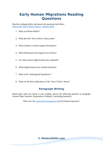 Early Human Migrations Reading Questions Worksheet