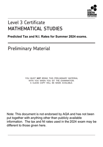 2024 AQA Core Maths Predicted Tax and NI rates