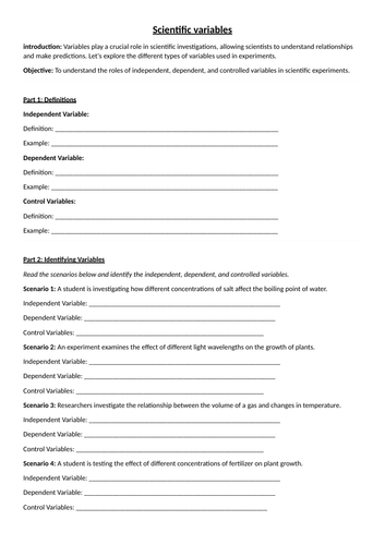 Scientific Variables worksheet