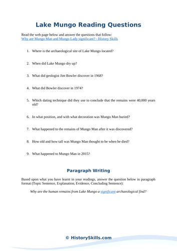Lake Mungo Reading Questions Worksheet