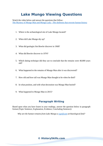 Mungo Man Viewing Questions Worksheet